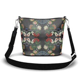 Eastern Woodlands Floral Roses and Fruit Beadwork Print Penzance Large Leather Bucket Tote