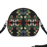 Eastern Woodlands Floral Roses and Fruit Beadwork Print Leather Round Box Bag
