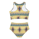 Beige Buckskin Colored Indigenous Design Sporty Bikini Set