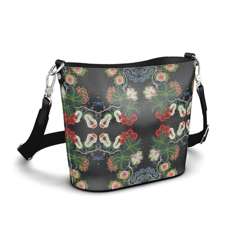 Eastern Woodlands Floral Roses and Fruit Beadwork Print Penzance Large Leather Bucket Tote