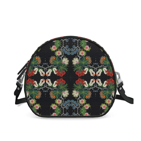 Eastern Woodlands Floral Roses and Fruit Beadwork Print Leather Round Box Bag