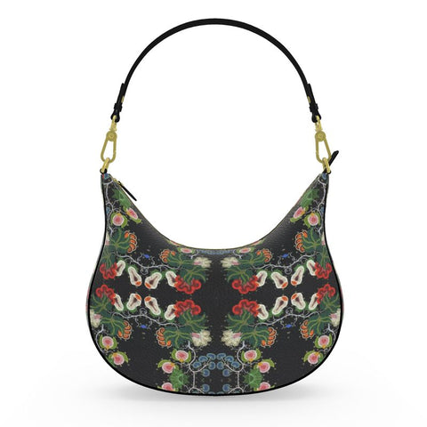 Eastern Woodlands Floral Roses and Fruit Beadwork Print Curve Hobo Bag