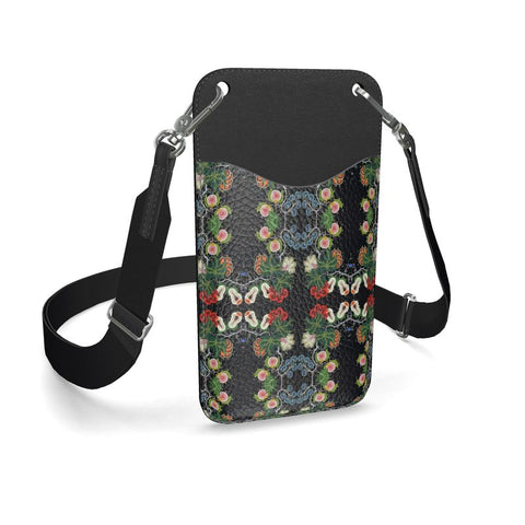Eastern Woodlands Floral Roses and Fruit Beadwork Print Leather Phone Case With Strap