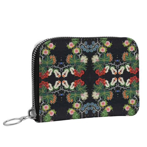 Eastern Woodlands Floral Roses and Fruit Beadwork Print Small Leather Zip Purse