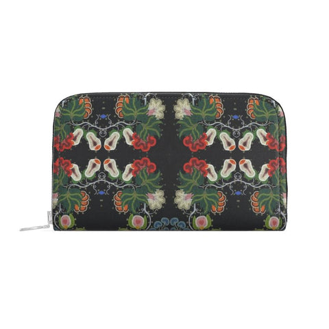 Eastern Woodlands Floral Roses and Fruit Beadwork Print Leather Zip Purse