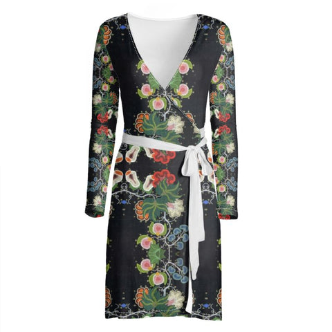 Eastern Woodlands Floral Roses & Fruit Beadwork Print Wrap Dress