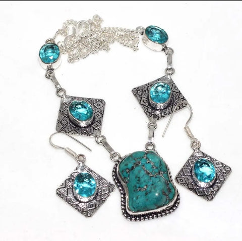 Turquoise and Blue Topaz Gemstone Necklace & Earrings Set