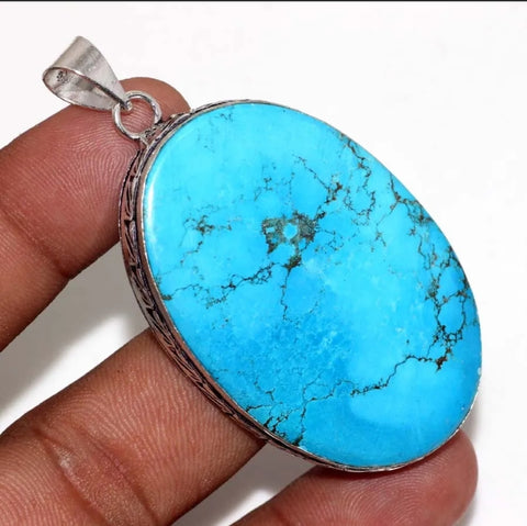 Turquoise & 925 Silver Natural Gemstone Hand Cut Pendant 2.5"