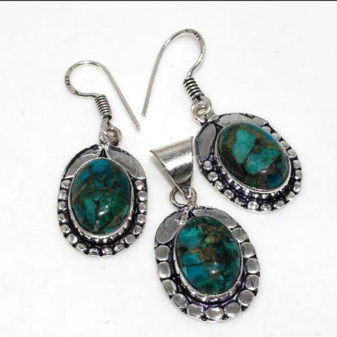 Copper Chrysocolla Pendant and Earring Matching Set 1.5|1.3"