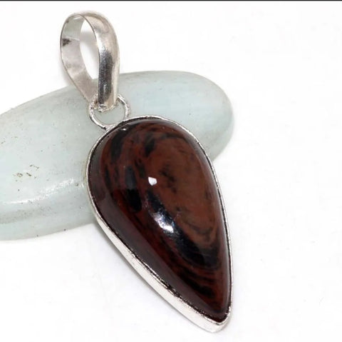 Obsidian and 925 Silver Natural Gemstone Handmade Pendant 1.8"