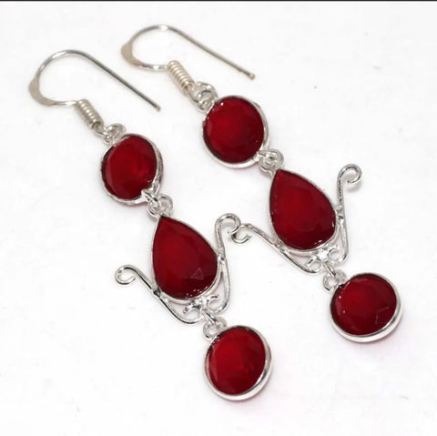 Red Onyx and 925 Silver Gemstone Handmade Earrings 2.5" Long Drop