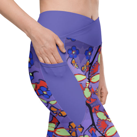 Abstract Hummingbird Happiness - Crossover Leggings with Pockets