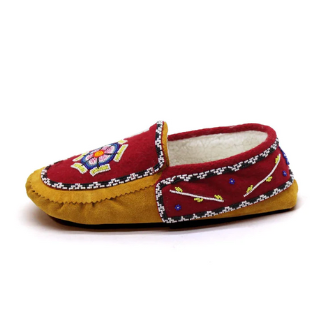 Beaded Leather Moccasins w/ Red Floral Vamps & Side Flaps Size Men's 8 / Women's 9
